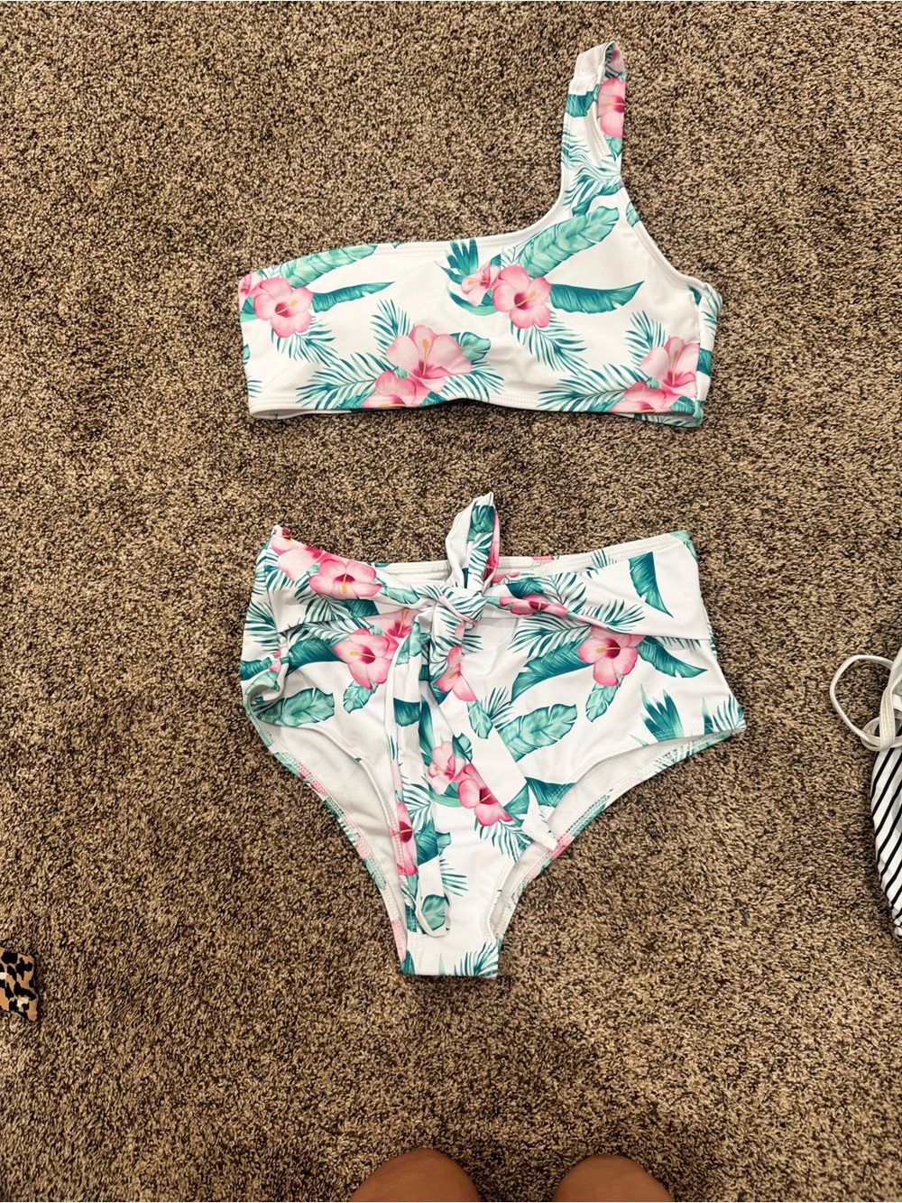 Pink Lily White Floral One-Shoulder High-Waist Bikini in Pink and Green